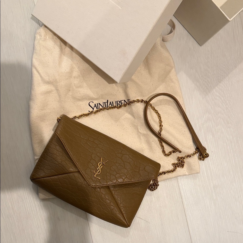 Authentic Saint Laurent brand new Olive Brown Leather Envelope Crossbody